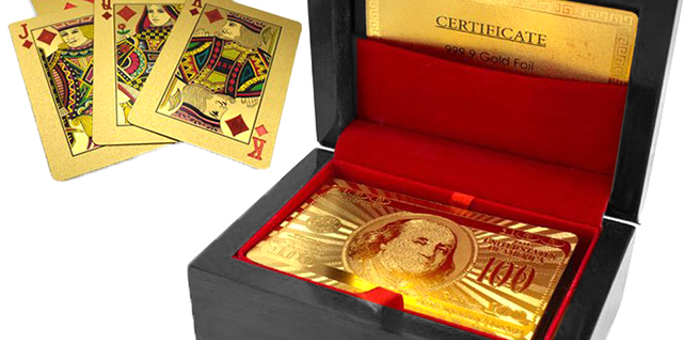 PERFECT GIFT – 24k Gold Playing Cards w/Velvet Lined Mahogany Box Under $10