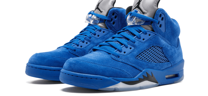 Select sizes of the Jordan Retro 5 Blue Suede “Flight Jacket” are available EARLY